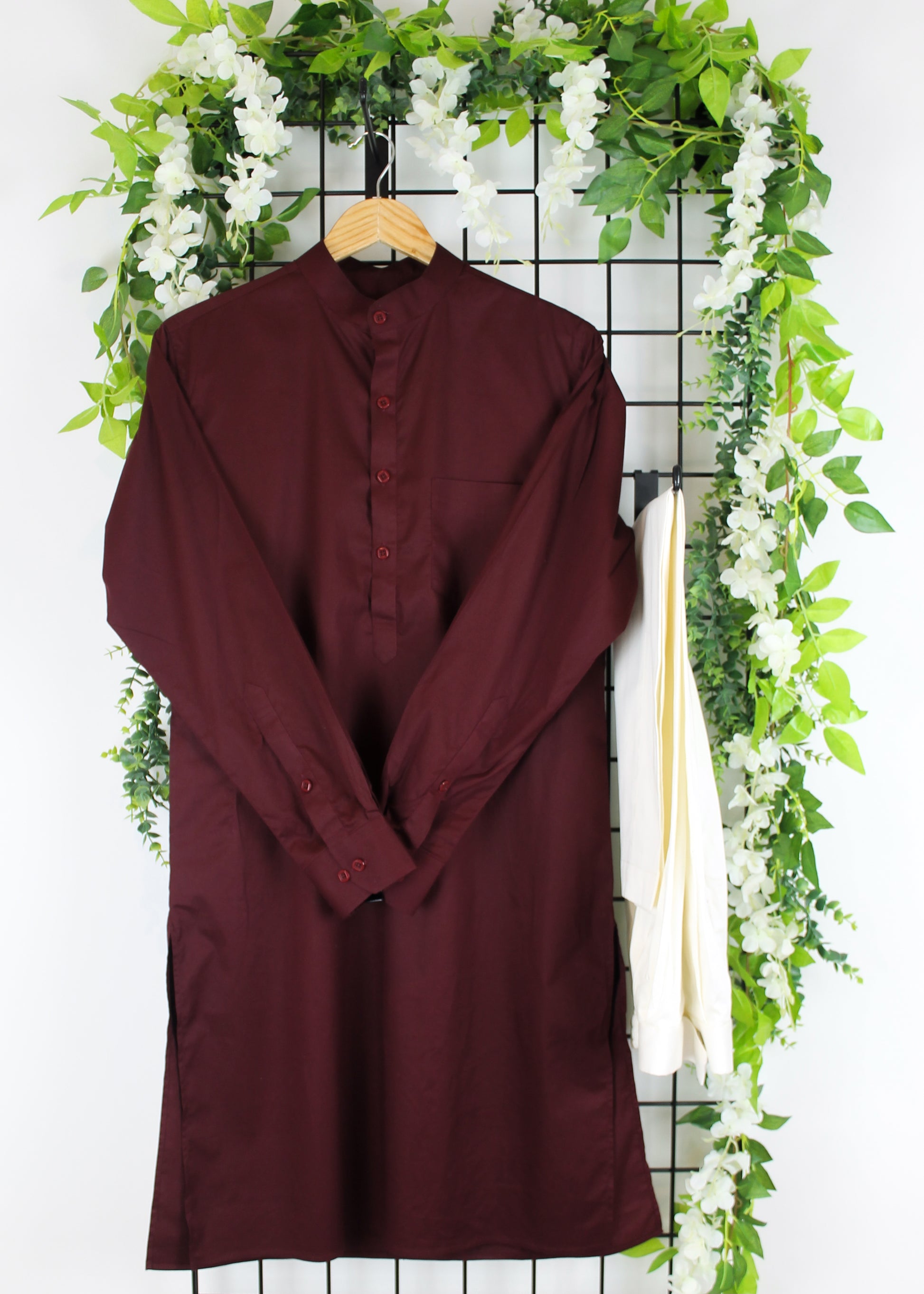 Tayarii Amal — burgundy cotton kurta trousers set, hand-made Indian menswear, bespoke made to measure